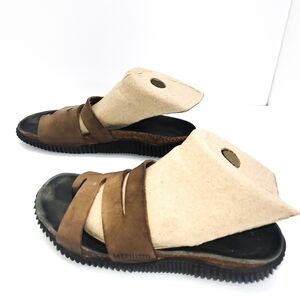 Mephisto Peep Toe Womens Sz.7 Brown Leather Wide Strap Slip On Mule Sandals